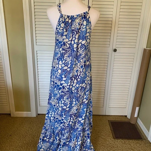 Claudia Collezioni Blue & White Floral Linen Blend Maxi Dress Size S - Picture 3 of 8